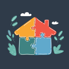 Vector illustration of Colourful jigsaw puzzle houses isolated on dark background