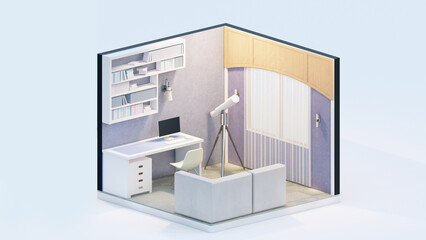 Isometric view of a interior design of study room Orthographic view 3d rendering