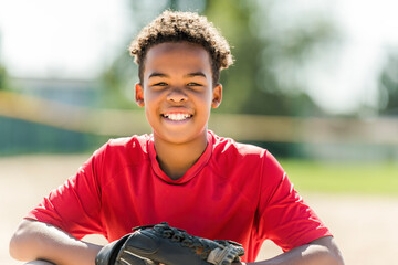 portrait of child with glove and looking at camera playing baseball
