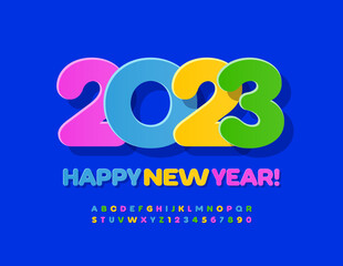 Vector cute Greeting Card Happy New Year 2023! Bright Kids Font. Colorful set of Alphabet Letters and Numbers