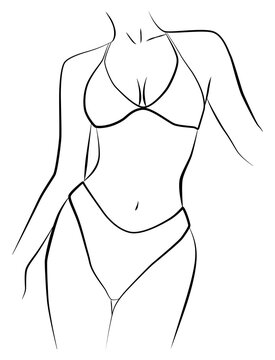 The silhouette of the body is a line. Female silhouette. The figure is a line. Minimalistic linear female figures, underwear posters, postcards, social media posts.
