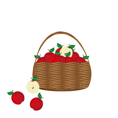 Rustic wicker basket full of  ripe red apples with green leaf and half of apple on white background with copy space.