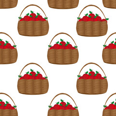 Pattern of rustic wicker basket full of  ripe red apples with green leaf on white background.
