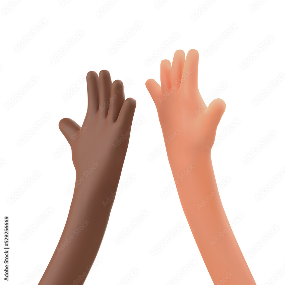 Wall mural high five 3d cartoon hands. multiethnic friendship. peace no war multi ethnic hands relationship