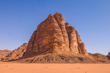 Wadi Rum Desert landscape in Jordan. Dunes and mountains. Travel and tourism concept.