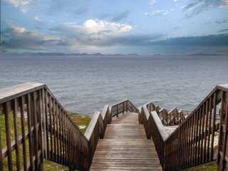 Beautiful coastal boardwalk in Nuuk (Godthåb, the capital and largest city of Greenland. The seat...