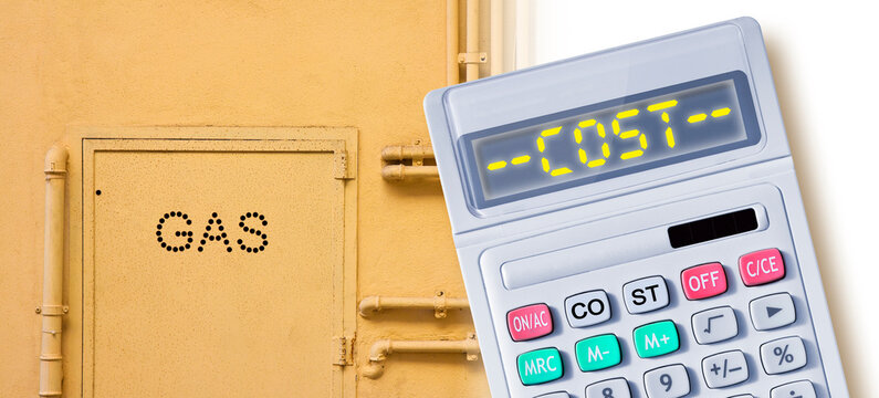 Increase in the cost of methane gas - concept with metal box for gas meter and calculator with cost text
