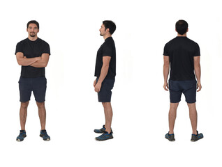 side, back and front view of same man with stportsweare on white background