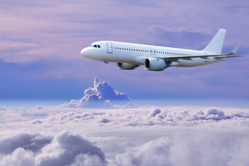 Fototapeta na wymiar plane in the sky, Passenger commercial plane flying above the clouds ,concept of fast travel, vacation and business.
