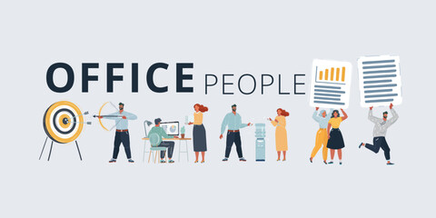 Vector illustration of Concept of office life. Working environment. People talking and working with files, take conversation near water cooler, get the aim. Man and woman on white background.