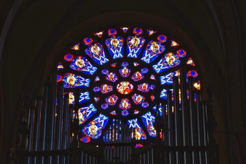 A rosette with a colorful intrusion through which light enters and the organ of the early 20th...