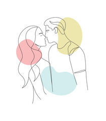 Couple romantic love mood kissing romance line art flat illustration