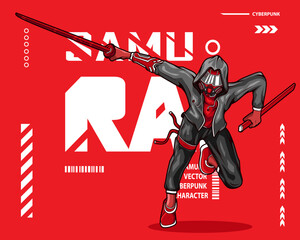 Samurai hero cyberpunk fiction character vector. Colorful t-shirt design illustration. 