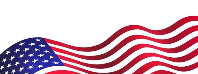 Waving american flag isolated on transparent background. 4th of July USA Independence Day. Design element for sale, discount, advertisement, web. Place for your text. PNG format