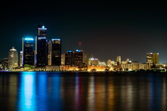 Night Shot of Detroit Skyline with Water reflecting on Detroit River
