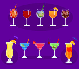 Set of alcoholic cocktails, glasses.