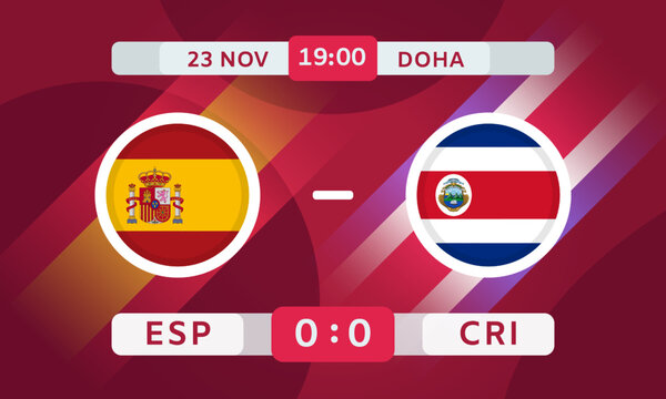 Spain vs Costa Rica Match Design Element. Football Championship Competition Infographics. Announcement, Game Score, Scoreboard Template. Vector