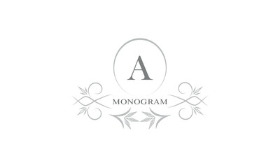 Floral monogram template and letter A. Template for cards, invitations, menus, labels. Graphic design of pages, business signs, boutiques, cafes, hotels.