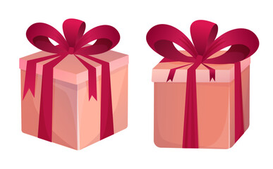 Gift box cartoon of presents packaging. Gift box and present bag with ribbon bow.