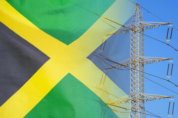 Jamaica flag on electric pole background. Power shortage and increased energy consumption in...
