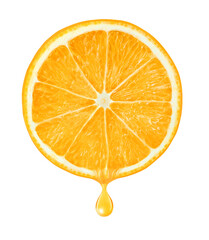 Slice of orange fruit with drop of juice cut out