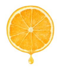 Fotobehang Slice of orange fruit with drop of juice cut out © ChaoticDesignStudio
