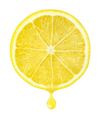Slice of lemon with drop of juice cut out