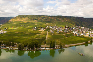 Aerial view of the Moselle valley with vineyards
