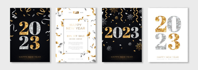 Merry Christmas and New Year posters set with gold and silver confetti, 2023 numbers. Vector illustration. Winter holiday invite, snowflakes and streamers. Minimal flyer, brochure voucher template.