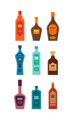 Bottle of liquor whiskey cognac vodka rum wine gin brandy. Graphic design for any purposes. Flat style. Color form. Party drink concept. Simple image shape