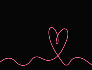 Black rectangular background with a pink heart drawn by hand in a continuous line. Doodle, sketch. Simple vector illustration. - 529262453