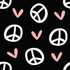 Seamless pattern with scattered hearts and peace signs drawn by hand. Vector illustration. - 529262487