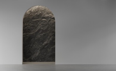 Empty  white corridor or hallway with arch door wall design, backlight on, rock or stone texture in the background.  3d render