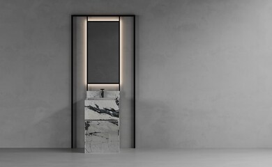 An empty concrete bathroom with a free-standing marble washbasin and a large metal-framed mirror, black faucet. 3d render