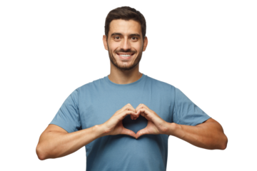 Young smiling handsome smiling male in blue t-shirt showing heart sign isolated