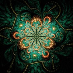 Symmetrical Gold Green fractal flower, digital artwork for creative graphic - 529264248