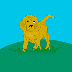 dog on the grass, drawing of a colored, brown dog on green grass against a blue sky