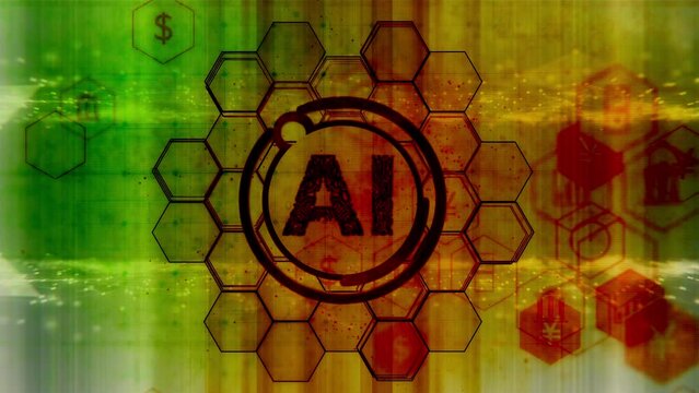 Ai logo with hexagonal tiles and various business data and icons