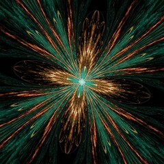 Symmetrical Gold Green fractal flower, digital artwork for creative graphic