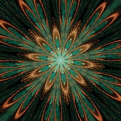 Symmetrical Gold Green fractal flower, digital artwork for creative graphic