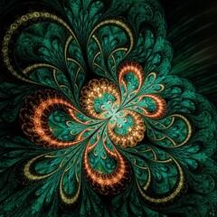 Symmetrical Gold Green fractal flower, digital artwork for creative graphic