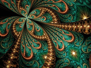 Symmetrical Gold Green fractal flower, digital artwork for creative graphic - 529264685