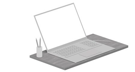 An axonometric illustration of a laptop computer on a table, in grayscale monochrome. PC on a desk simple design, light theme. 