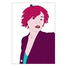 portrait of a woman, beautiful girl, red hair, color drawing of a beautiful girl with red hair and a black jacket, glasses on her hair