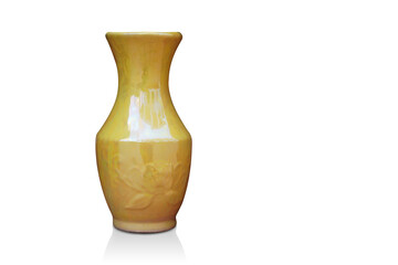 antique yellow ceramic vase on white background, object, decor, modern, copy space