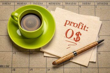 profit - zero dollars, handwriting on a napkin with coffee against desktop calendar, business...