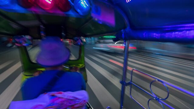4k Hyper lapse of Tuk Tuk car riding in Bangkok Thailand at night