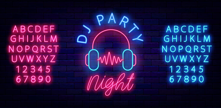 Dj party night neon signboard. Headphones with sound waves. Glowing pink and blue alphabet. Vector stock illustration
