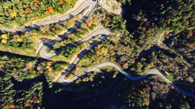 Amazing drone view of roadway in mountains covered with lush autumn foliage