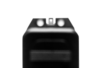 point of view of pistol weapon hand gun aim down sights transparent on background